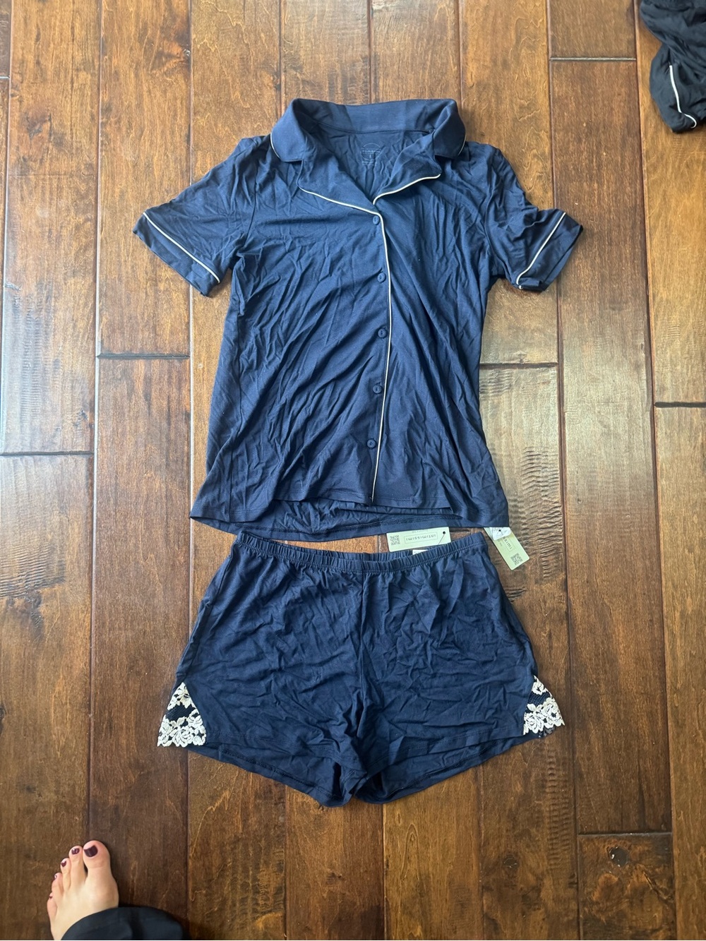intimissimi Navy Short Sleeve Pajama Set with White Lace Trim